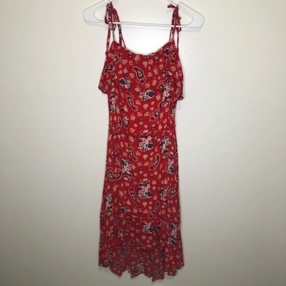 Allison Joy Red Floral High Low Dress, Adjustable Straps, Ruffle Accents Size M